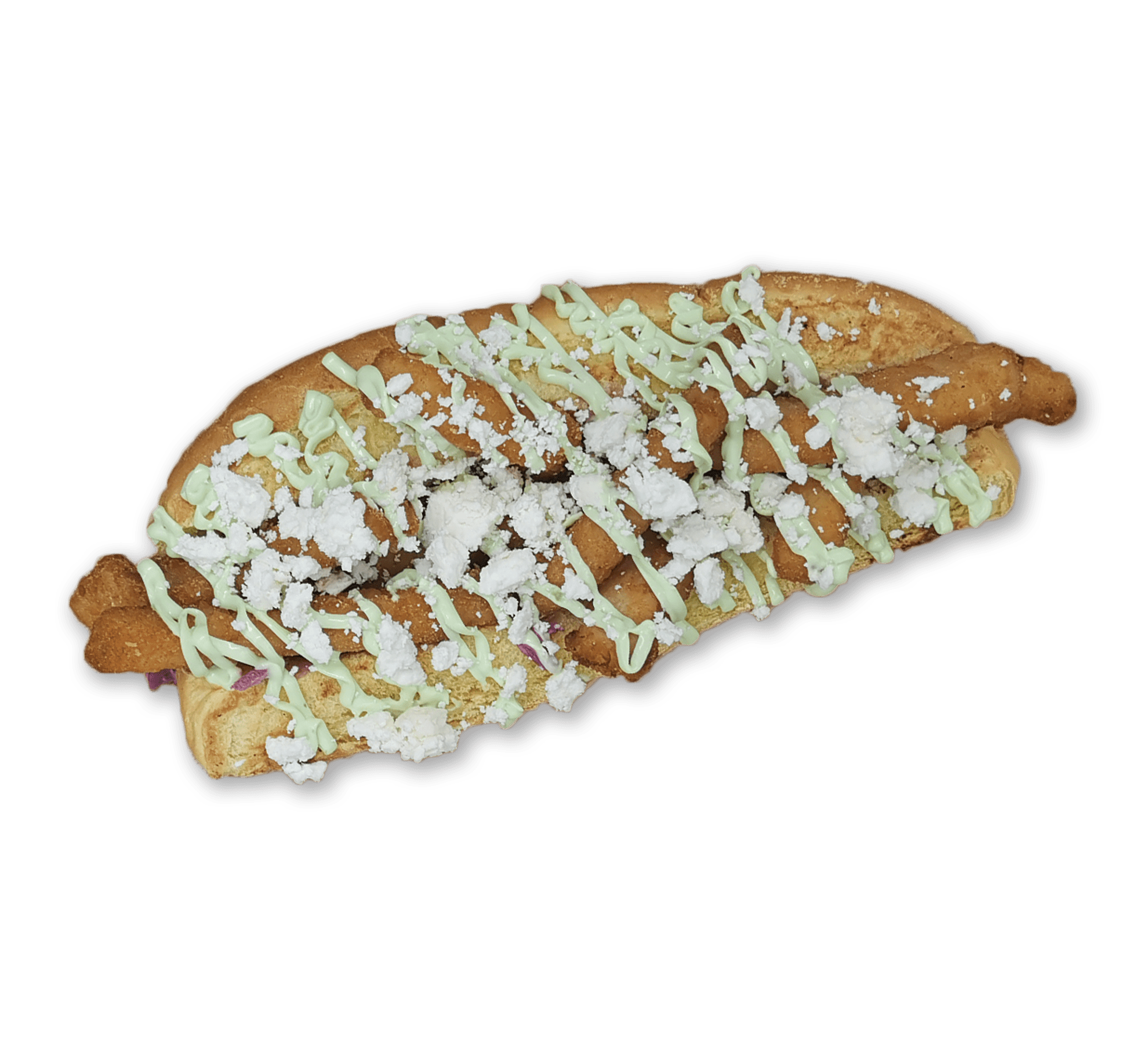 Primer plano de un gofre doblado cubierto con unas gotas de salsa verde y espolvoreado con azúcar glas, que recuerda a la bocata de Calamares. El fondo es transparente.